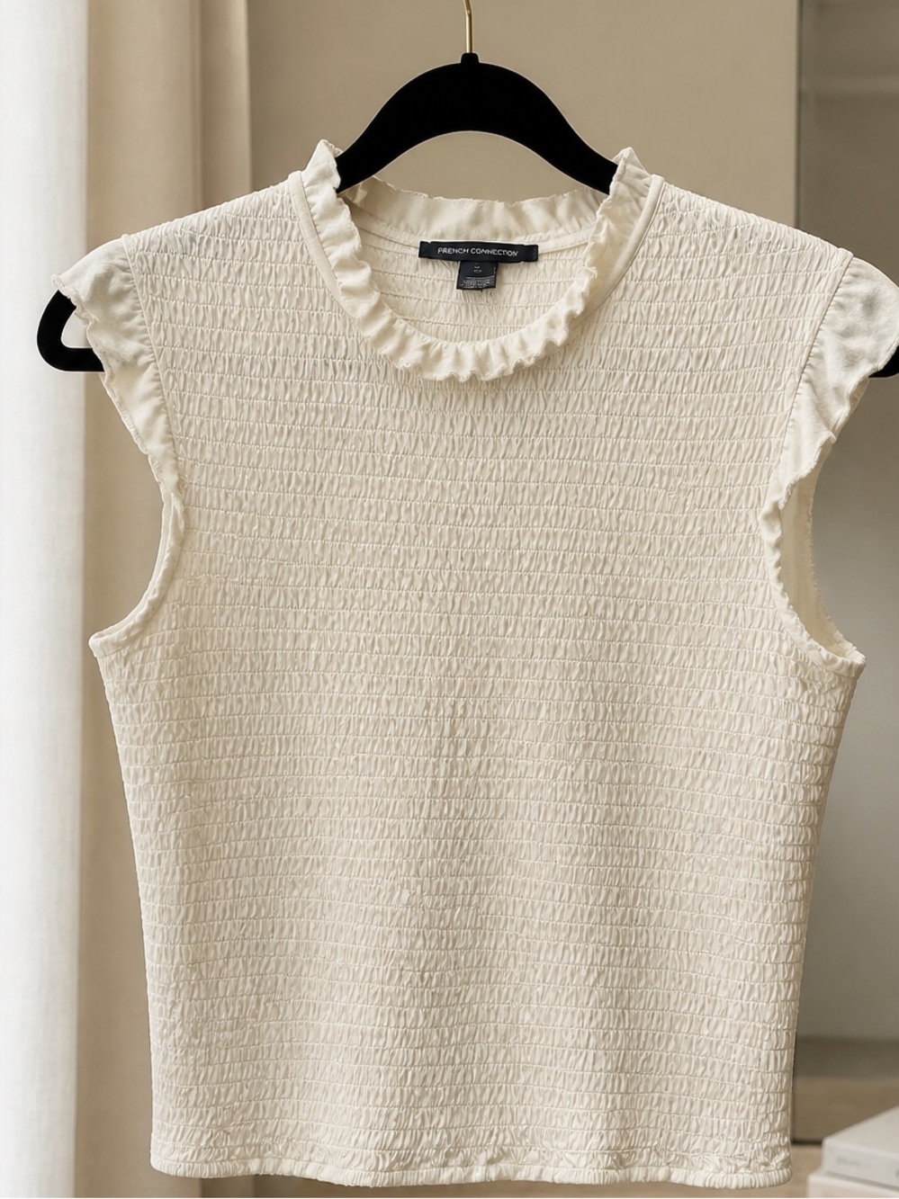French Connection white Ruffle Neck Textured Sleeveless Tank